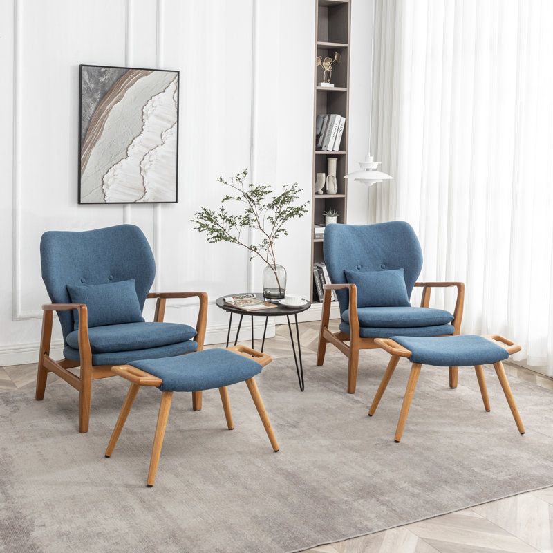 Koutsky Upholstered Accent Chair with Ottoman, Blue Linen Blend
