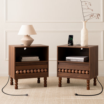 20.6" W Beaded Charging Nightstand Set of 2 with Drawer and Open Shelf