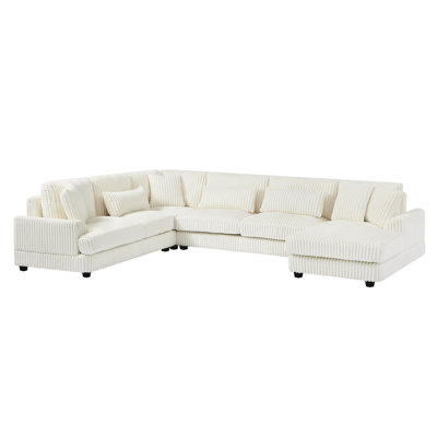 Méridienne courbée en U en velours côtelé beige et coussins en mousse