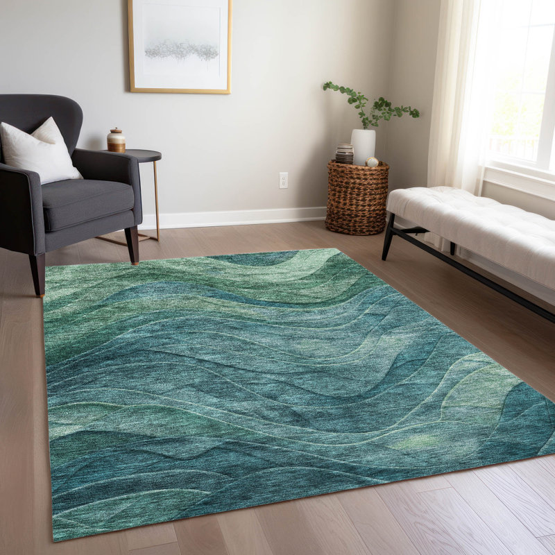 Machine Washable Indoor/Outdoor Cinead ACN1700 Teal 9' x 12' Rug, Rectangle 5 pi x 7 pi 6 po