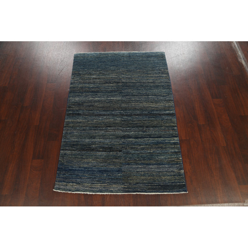 Tapis bleu en laine noué à la main de conception unique 4 pi 1 po x 6 pi 1 po New Age
