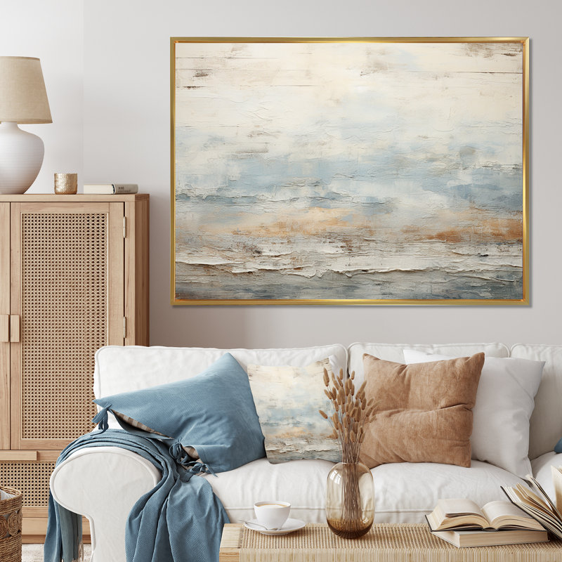 «Beige Blue Ocean Storm», reproduction d'art sur toile, formes abstraites, Cadre flottant doré, 12" H x 20" W