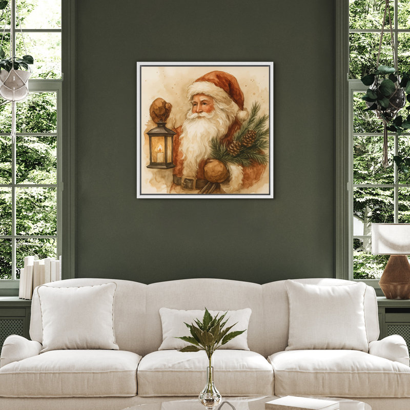 Décoration murale classique de père Noël avec lanterne et branche de pin - impression sur toile encadrée, H 16" x l 16"