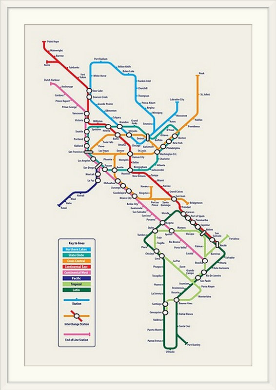 «America Metro Map» par Bellen, impression, H 44 po x l 32 po x P 1 po, Cadre blanc