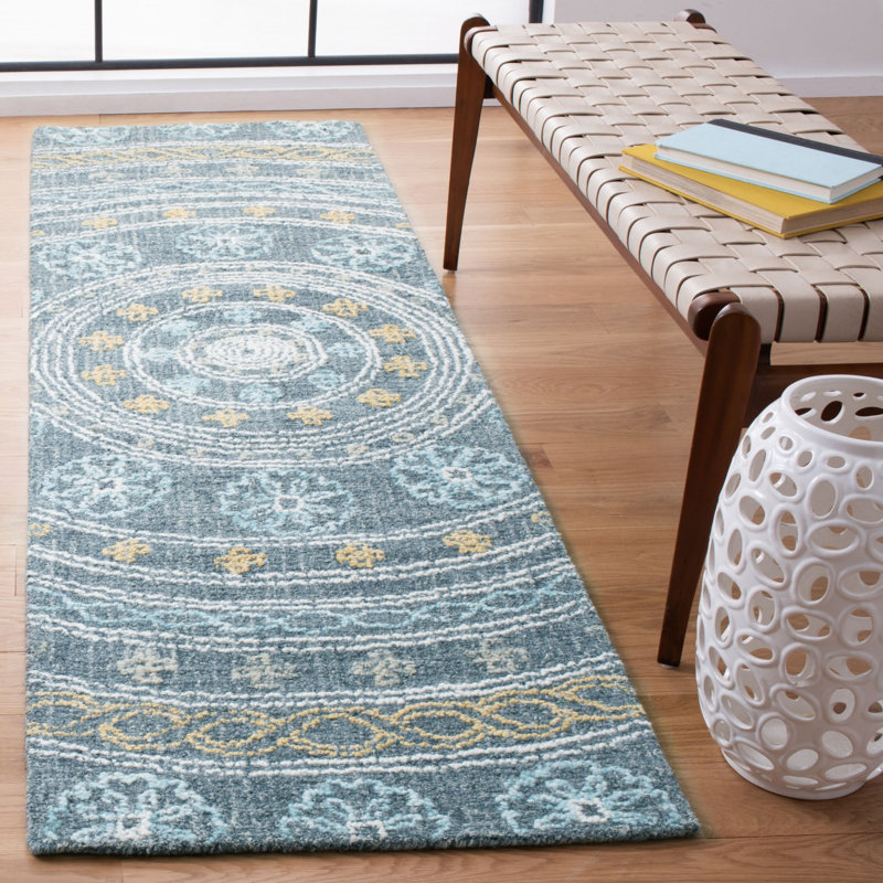 Unionville Hand Tufted Wool/Cotton Oriental Rug in Charcoal/Yellow, Runner 2'3" x 8'