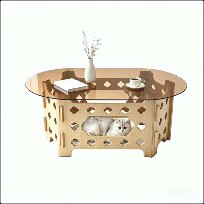 Table basse ovale avec nid de chat caché - Verre trempé de couleur thé