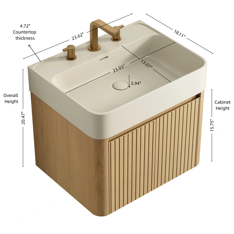 Meuble-lavabo flottant de 36 pouces avec lavabo, surface solide, salle de bain moderne, 23.62