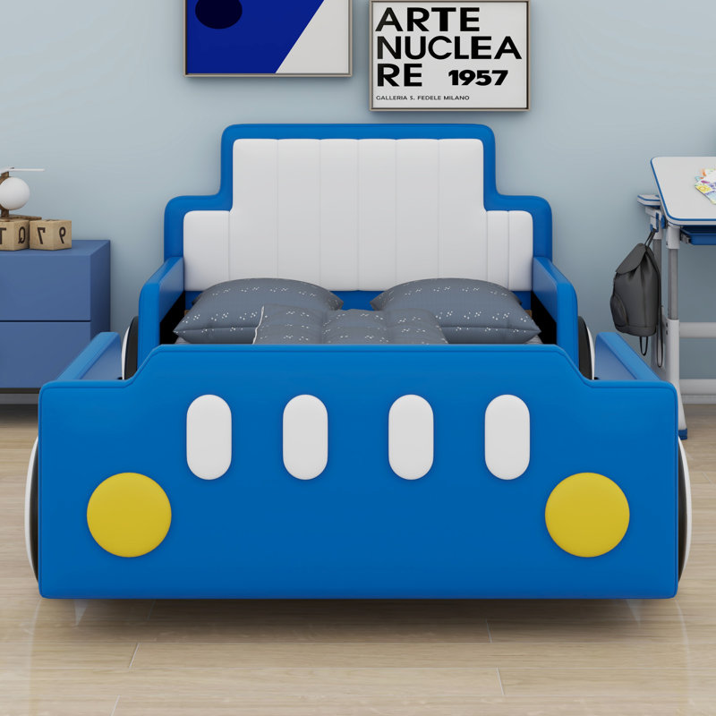 Lit plateforme simple inspiré des voitures de course avec roulettes, Bleu