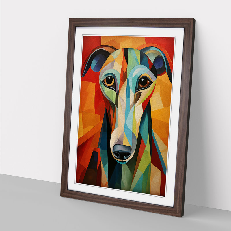 Greyhound Cubism Art - Framed Print, 46cm H x 34cm W, Walnut Framed