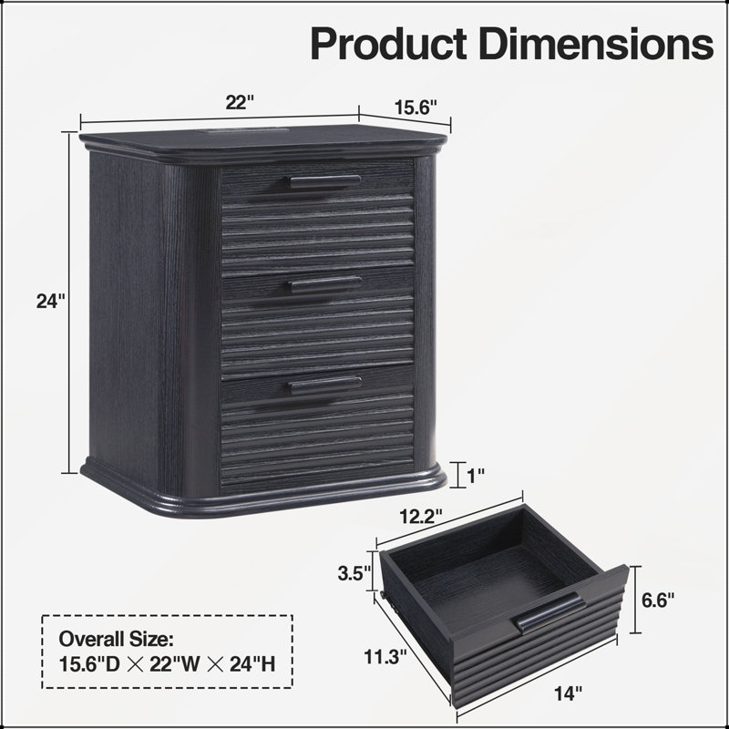 22 Inch Wide Fluted Nightstand with Charging Station, Black Woodgrain