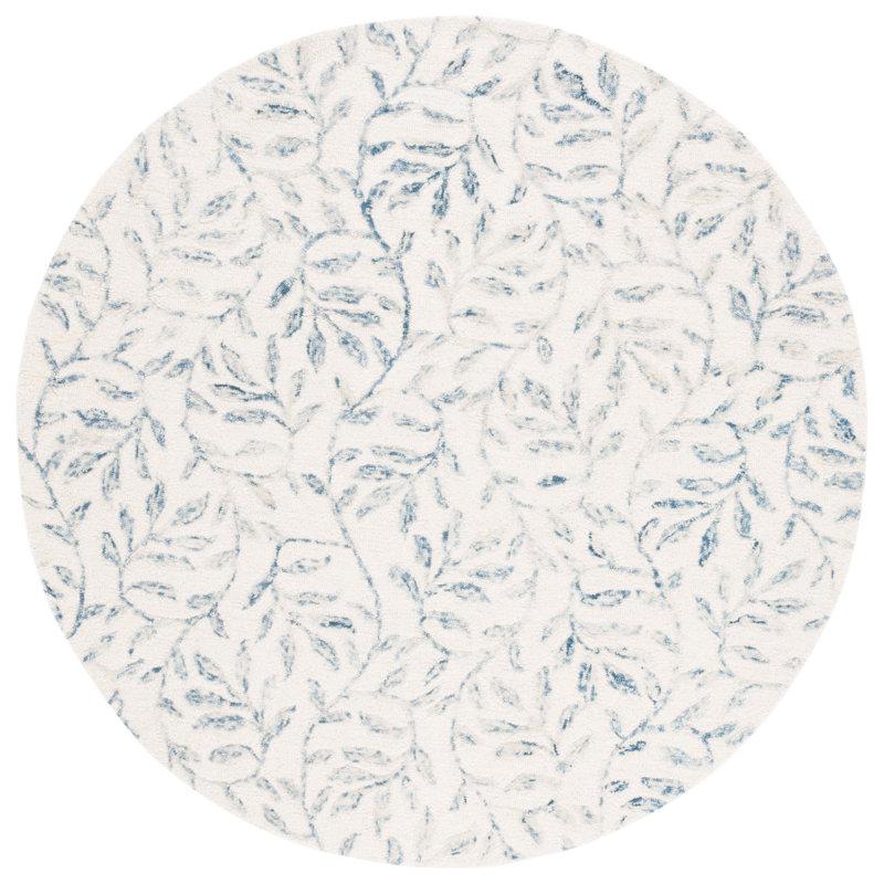 Tapis floral en laine / coton touffeté à la main Jardin en ivoire / bleu, Rond 6 pi