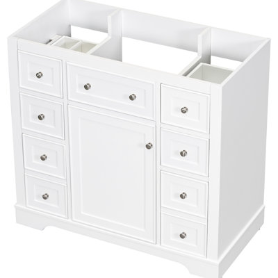 36" Bathroom Vanity Base In White. 1 Cabinet And 6 Drawers. Modern Appeal. Solid Wood & . Resilient Painted Surface. Freestanding. Assembly Required Without Sink. White With Adjustable Shelf.