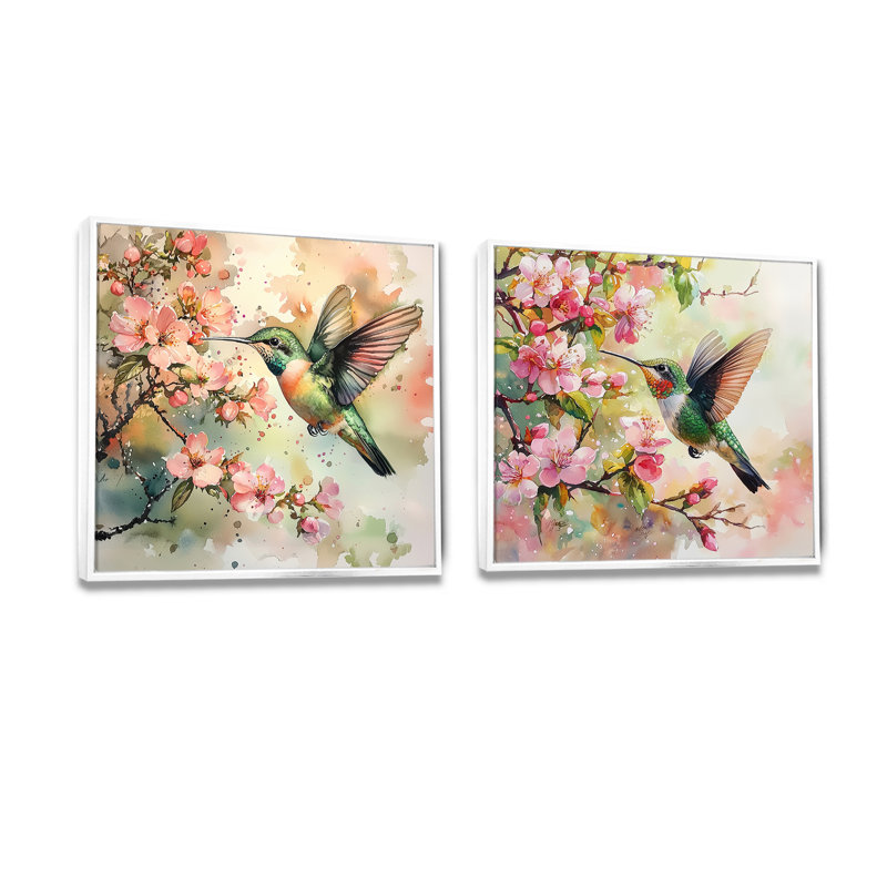 Hummingbird In The Blossoms I - Art mural avec colibri - ensemble de 2 décorations murales modernes, H 16 po x l 33 po, Blanc