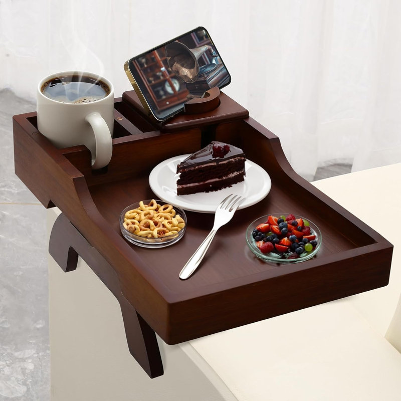 Porte-gobelet 4-en-1 avec support pour téléphone et plateau latéral - Organisateur de canapé multifonctionnel pour les boissons, la télécommande, les collations et les tablettes