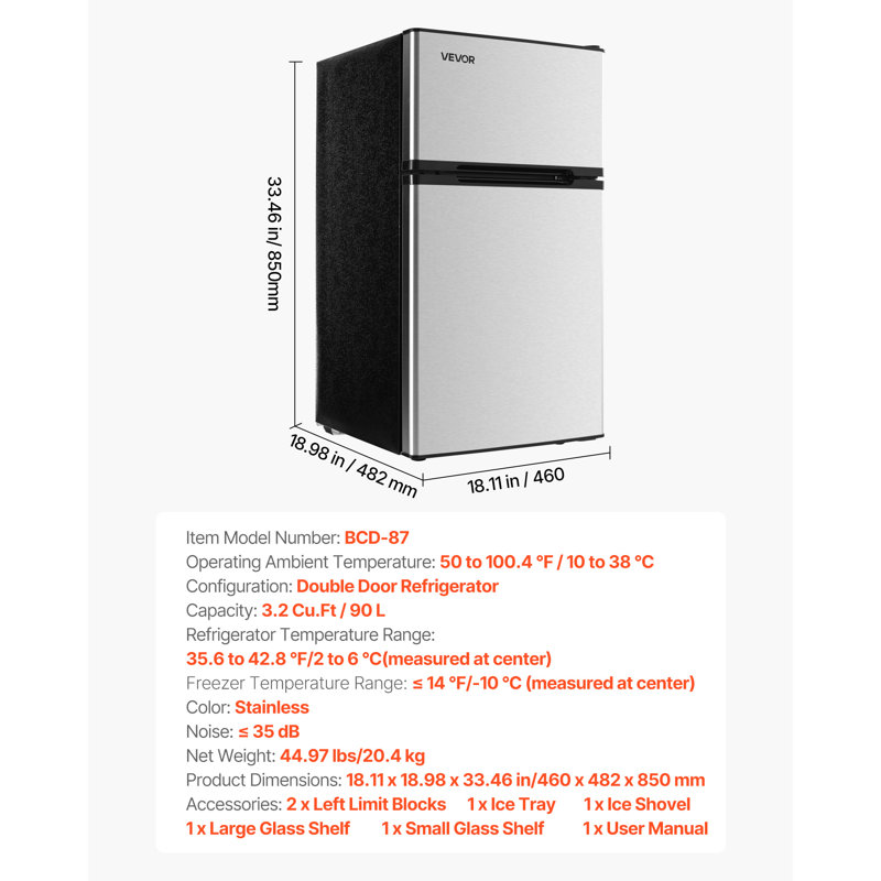 Mini réfrigérateur avec congélateur compact à deux portes 3,2 pi cu Inox