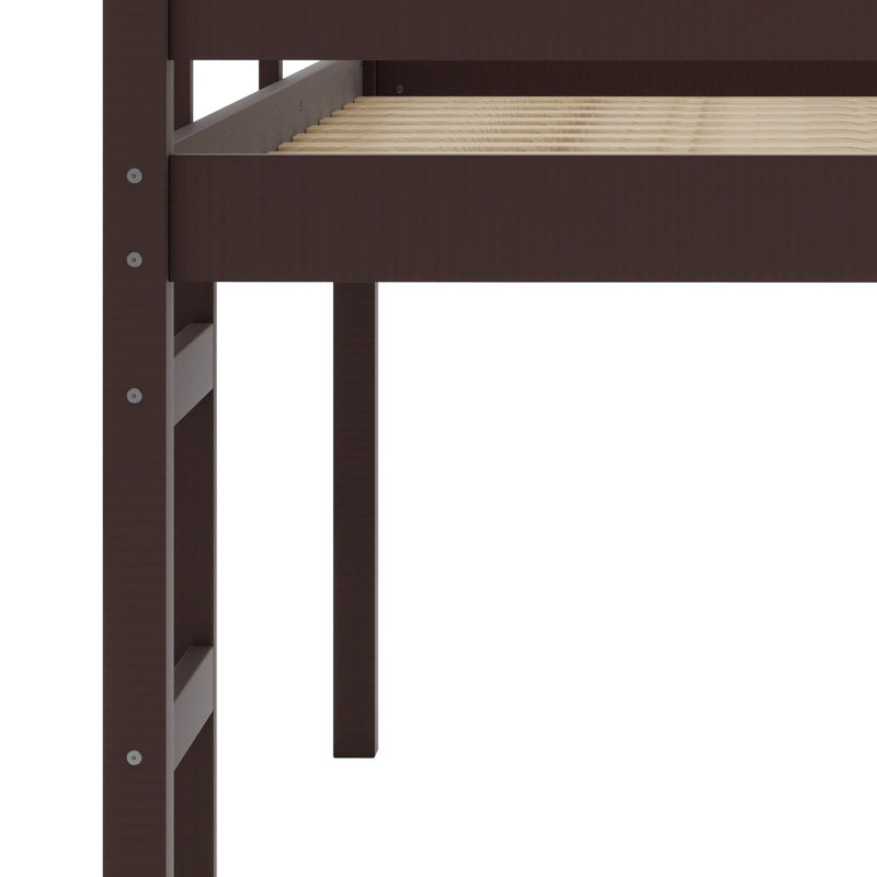Twin Size Solid Rubber Wood Loft Bed – Ladder & Strengthened Slat Bed Platform, Espresso