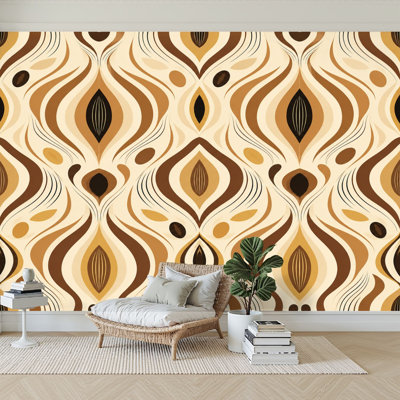 Papier peint adhésif peler et coller rétro brun beige abstrait à lignes courbes cercles autocollant amovible en papier contact mural pour le salon Chambre à coucher H 100 po x l 144 po