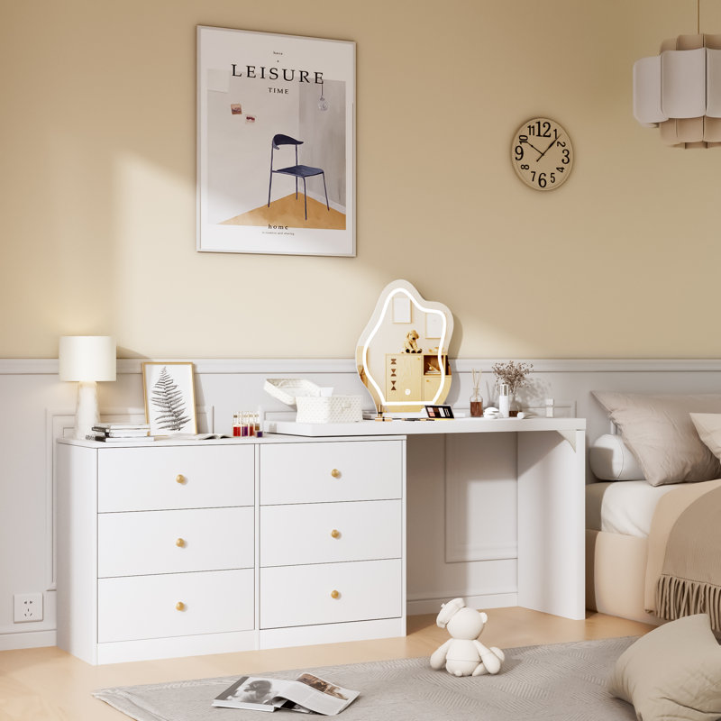 Gouldin Vanity Desk with Lighted Mirror, Extendable Vanity Table with 6 Drawers
