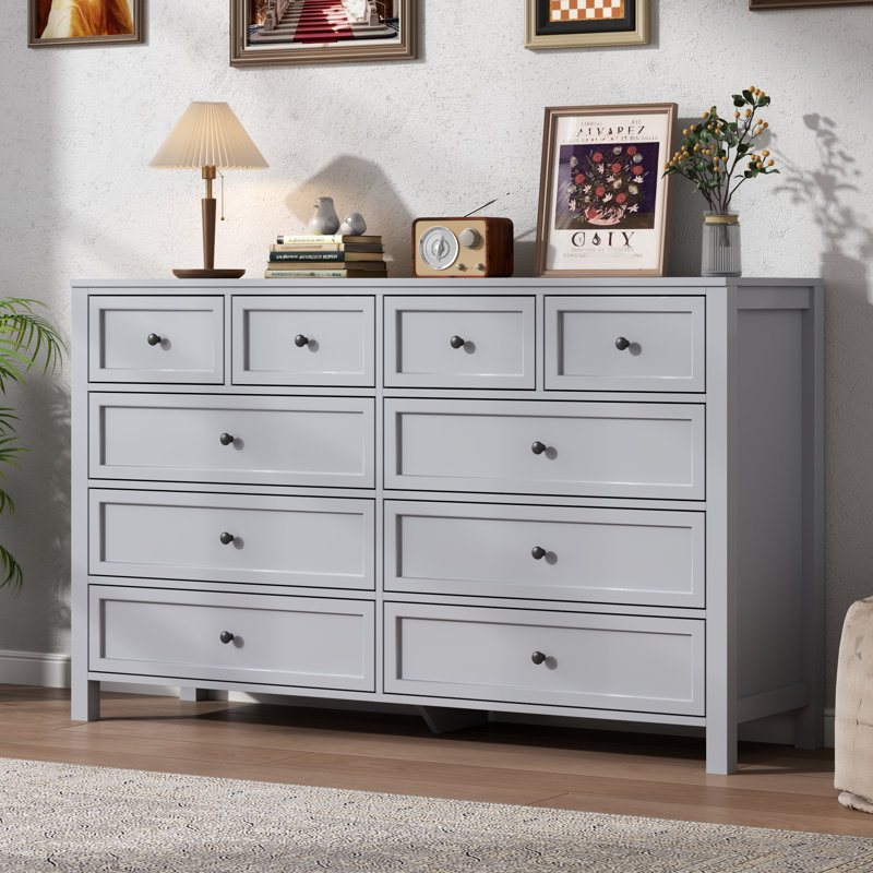Grey Dresser with 10 Drawers for Bedroom, Farmhouse Chest of Drawers, Wide Large Dresser TV Stand with Deep Drawers & Metal Handle