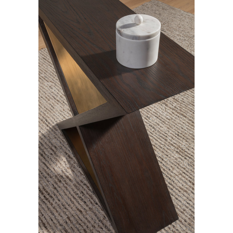 Brown Oak and Brass Rectangular Console Table