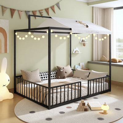 Lit plateforme convertible 3-en-1 en métal avec clôture Montessori, lit plateforme pour tout-petit à adolescent