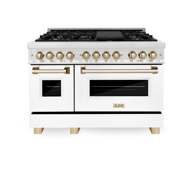 ZLINE Autograph 48 in. Legacy Dual Fuel Range & Accents, Satin/White Matte/Gold