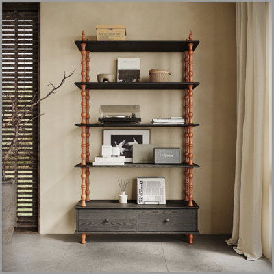 Bookcase Shelf Wood Book Shelf 74.4 Inch Tall,5 Tier Black Shelving Units and Storage Drawers, Modern Solid Wood Veneered Free Standing Shelves, Living Room, Study Room, Kitchen
