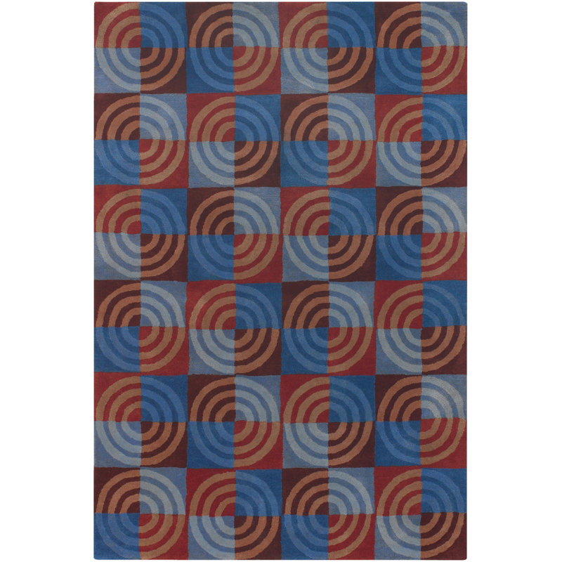Altamirano Wool Hand-Tufted Modern Area Rug in Blue, Navy, Red, Orange, Brown, and Gray – Concentric Circles Op Art Style