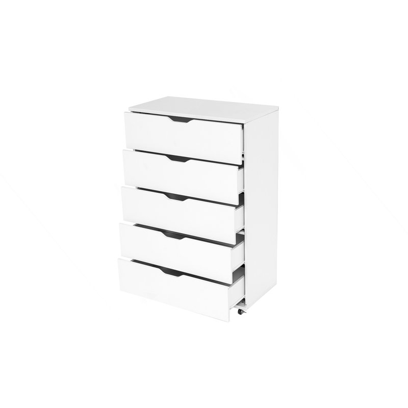 Commode à 5 tiroirs avec roulettes, Blanc