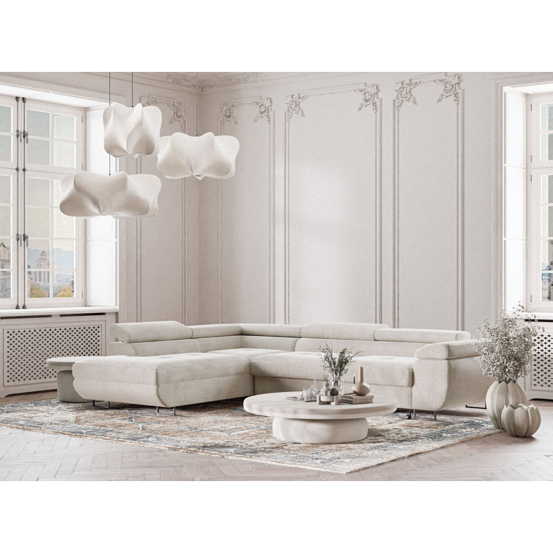 4 Seater Reclining Corner Sofa , Left Hand Facing, Light Cream Polyester/Chenille