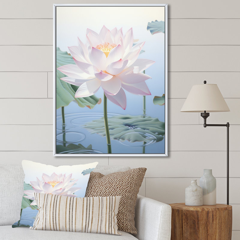 Lotus Minimalisme rêve sur toile, Cadre flottant blanc, H 32 po x l 16 po x P 1 po