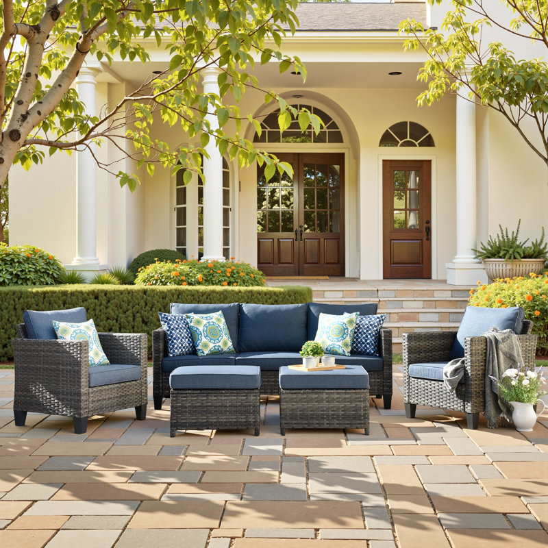 Harbin Wicker 5 Piece Rattan Sofa Seating Group with Cushions with Armchairs, Blue, No