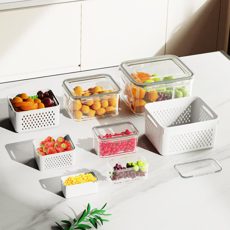 4 Pcs Fruit Storage Containers for Fridge (with Drain Basket) - Leak-Proof Food Containers
