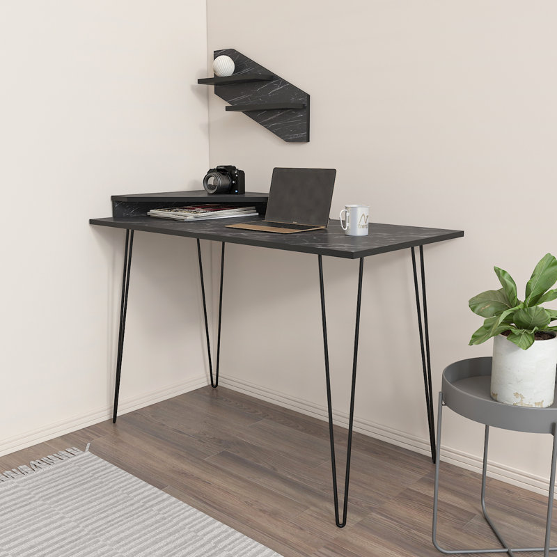Alduina 120Cm W Rectangular Desk with Wallshelf, Black