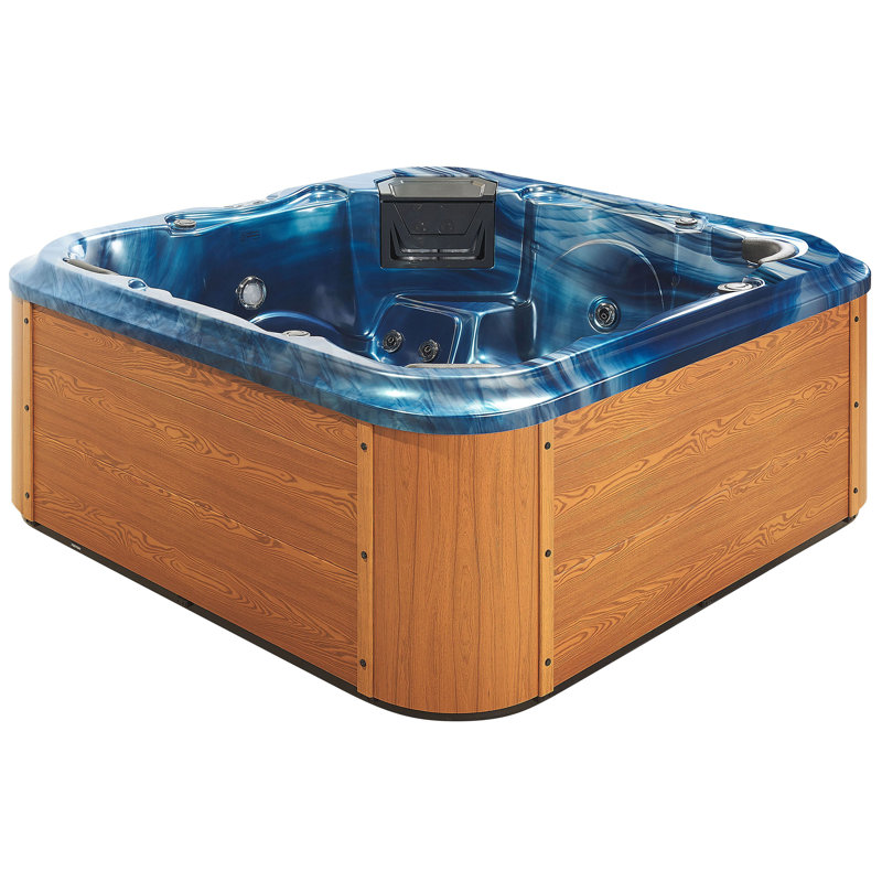 Freeport Park Crisler 230V 28 - Jet Acrylic Square Hot Tub with Ozonator, Blue, Light Wood
