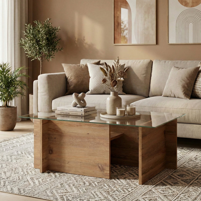 Rectangle Tempered Glass Coffee Table, Atlantic Pine, 15.7" H x 41.3" L x 25.6" W