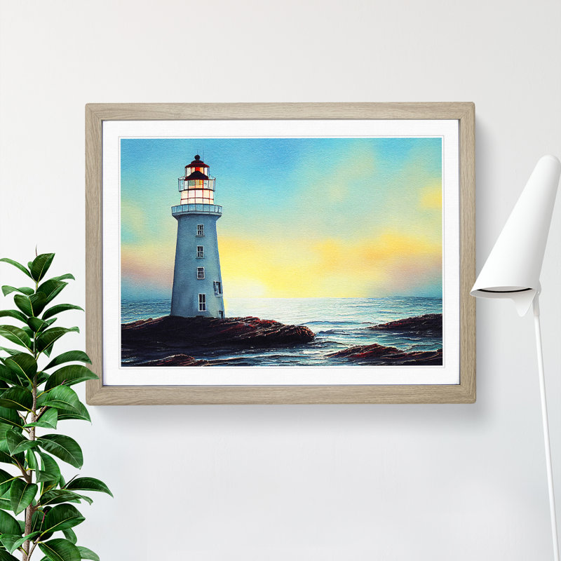 Watercolour Lighthouse Vol.3 1 Piece Single Picture Frame Wall Art, 34cm H x 46cm W x 2cm D, Oak