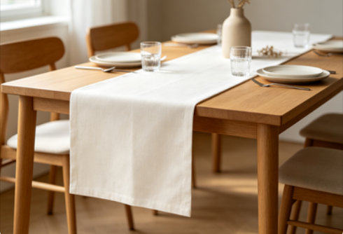 Solid Cotton Blend Plain Weave Table Runner, Cream