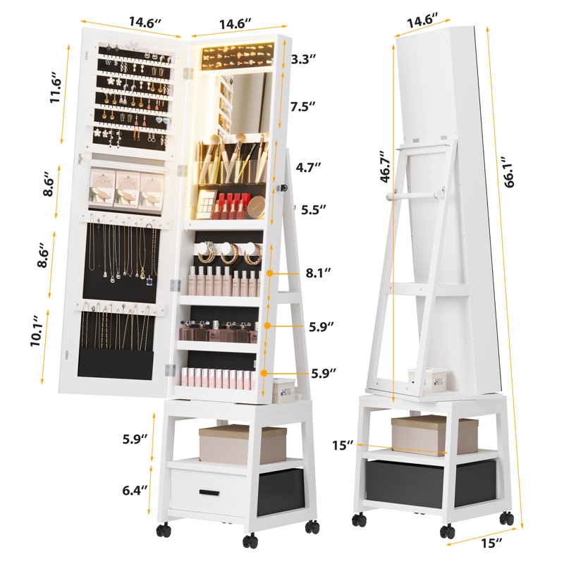 Armoire à bijoux pivotante à 360 °, organisateur de bijoux sur pied verrouillable avec miroir pleine longueur, Blanc