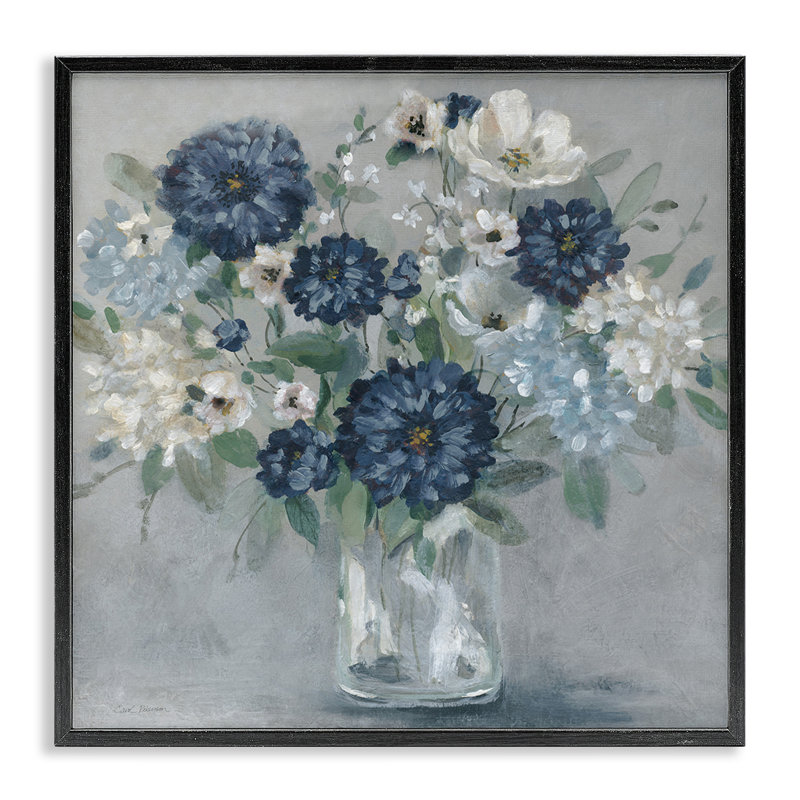 «Blue Mums Mixed Bouquet», dessin par Carol Robinson, Giclée encadrée noir minuit, H 12 po x l 12 po