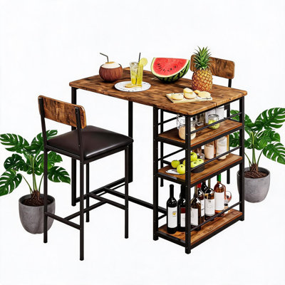 Ensemble de salle à manger 3 pièces pour 2 personnes avec tabourets de bar rembourrés | Table bistro peu encombrante avec tablette de rangement à 3 niveaux | Ensemble de table de pub et de cuisine moderne pour petits espaces, appartements, coins-repas