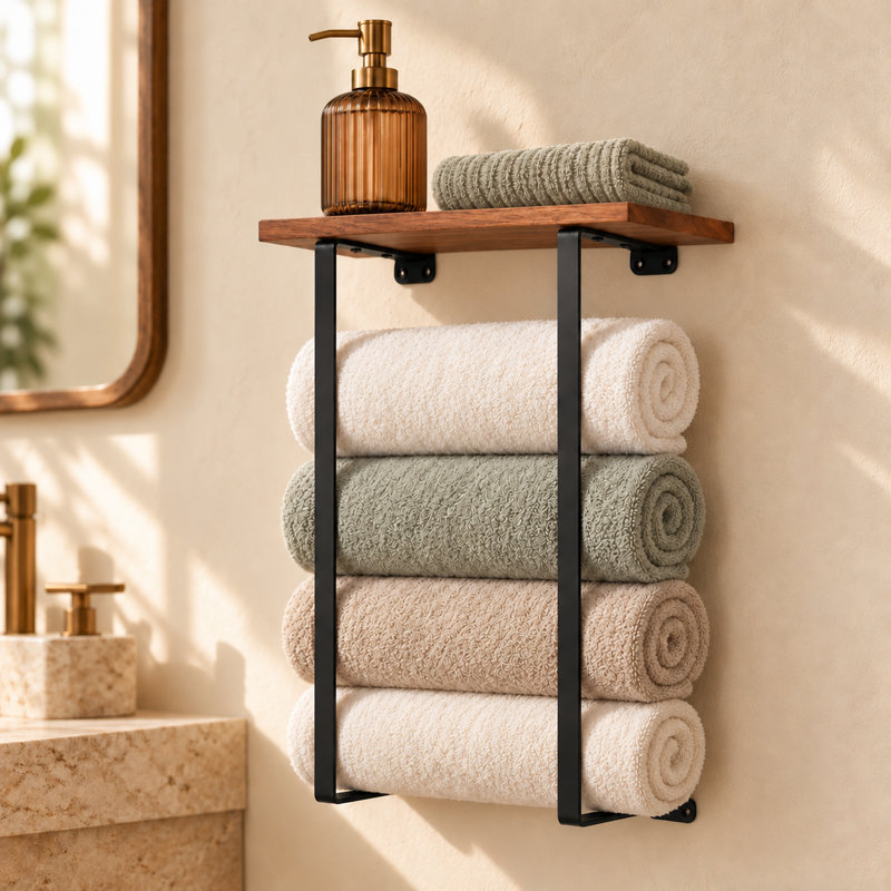 Rubberwood Solid Wood and Iron Bracket Shelf