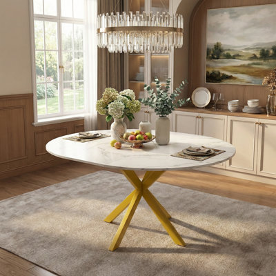 Modern Round Extendable Dining Table with Carbon Steel X-Base, Seats 4-6 for Kitchen or Small Apartment