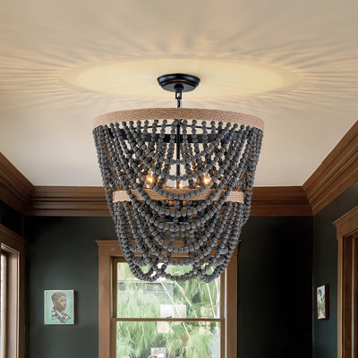 3-Light Washed Grey Tiered  Wood Beaded Chandelier