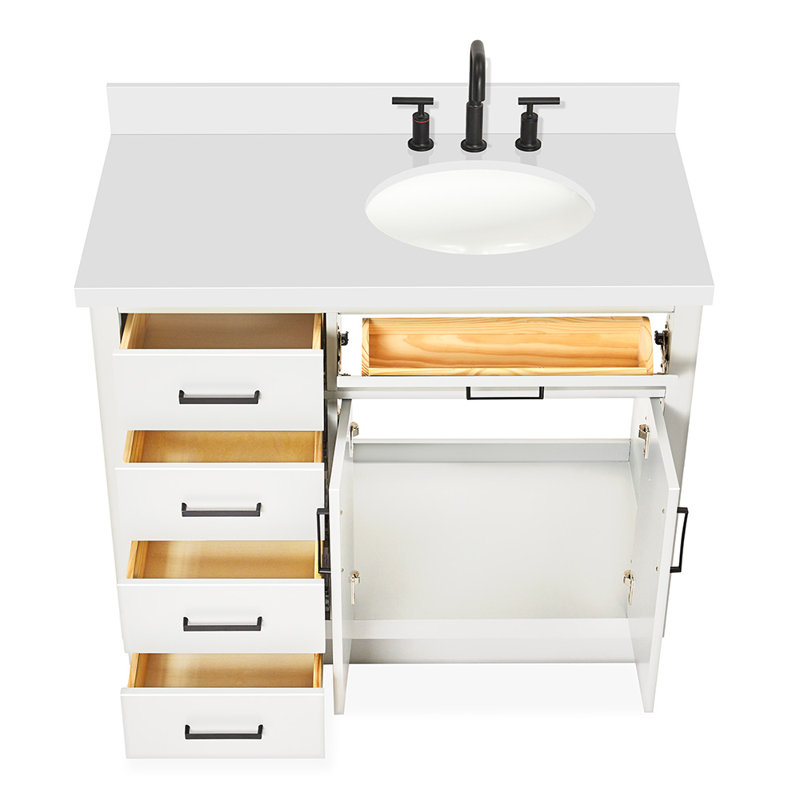 Meuble-lavabo simple en bois massif 42 po Tidworth avec plateau en quartz blanc 1,5 po, Oui, Ovale, Blanc