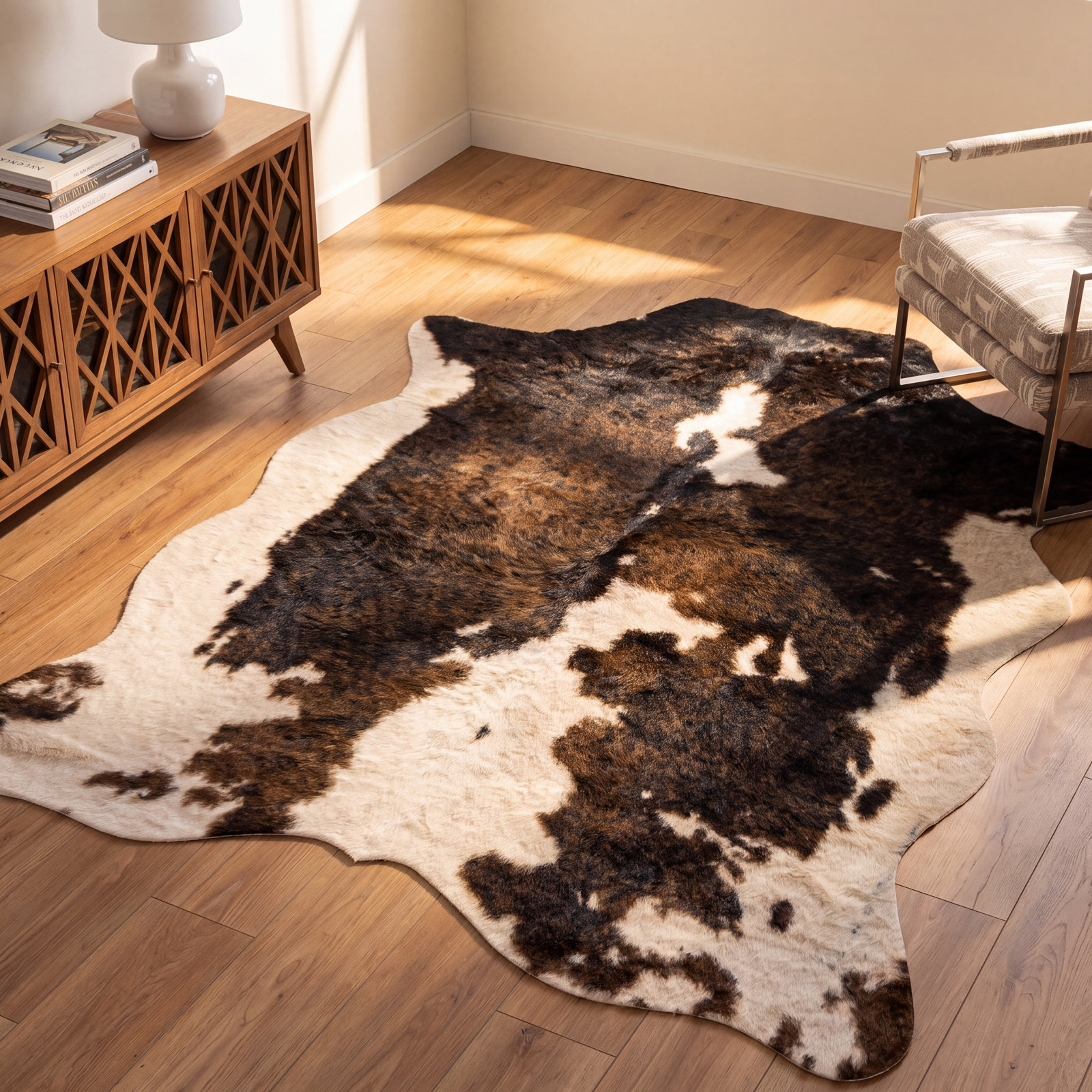 Epic Beige Brown Faux Cowhide Rug, Novelty 5' x 6'6"