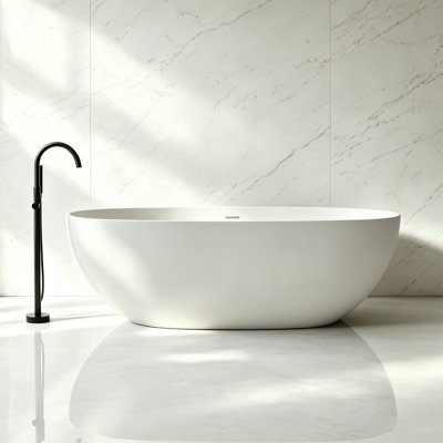 MonBlari 71" X 31.5" Solid Surface Freestanding White Soaking Bathtub With Overflow And Pop-Up Drain For Bathroom