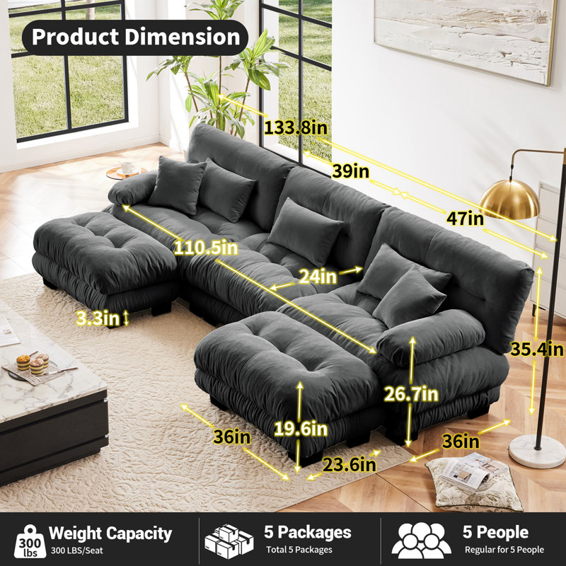 Ensemble de canapé en forme de U Cloud Couch, tissu chenille, Gris chenille