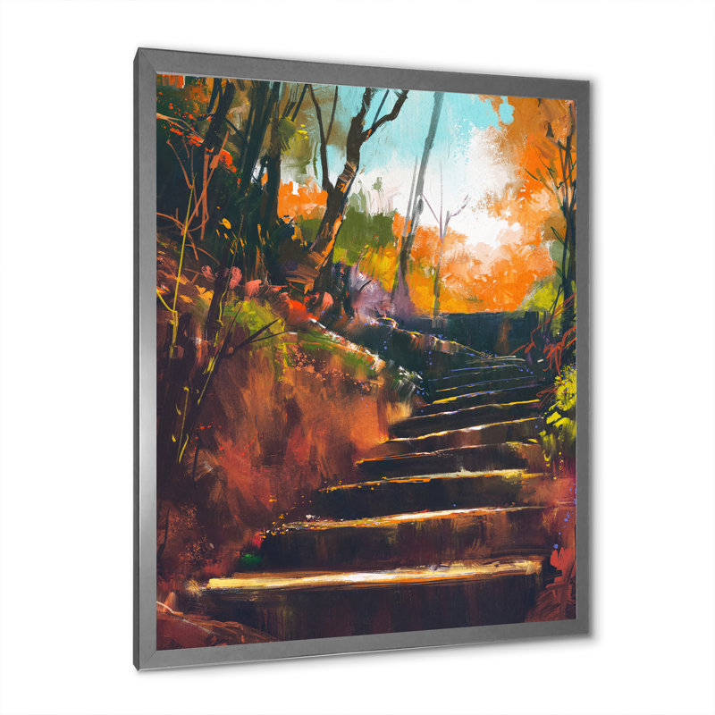 Stone Stair Path In Autumn Forest - reproduction d'art sur toile traditionnelle, H 33,5 po x l 24 po, Cadre argenté