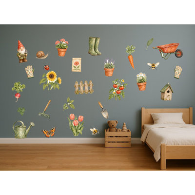 Garden Wall Decals, Set of 27 Peel and Stick Nursery Wall Stickers, Satin Finish Removable Kids Room Wall Art, 20"W x 20"H (50 x 50 cm)